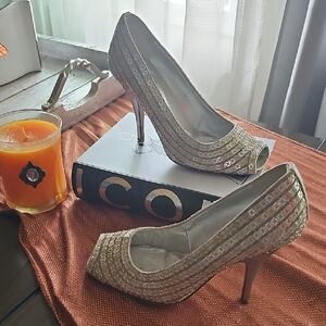 Sergio Rossi Shimmering Gold Peep-Toe Heels